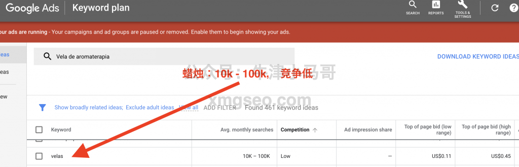 谷歌关键字工具-蜡烛关键字搜索量10k-100k竞争低