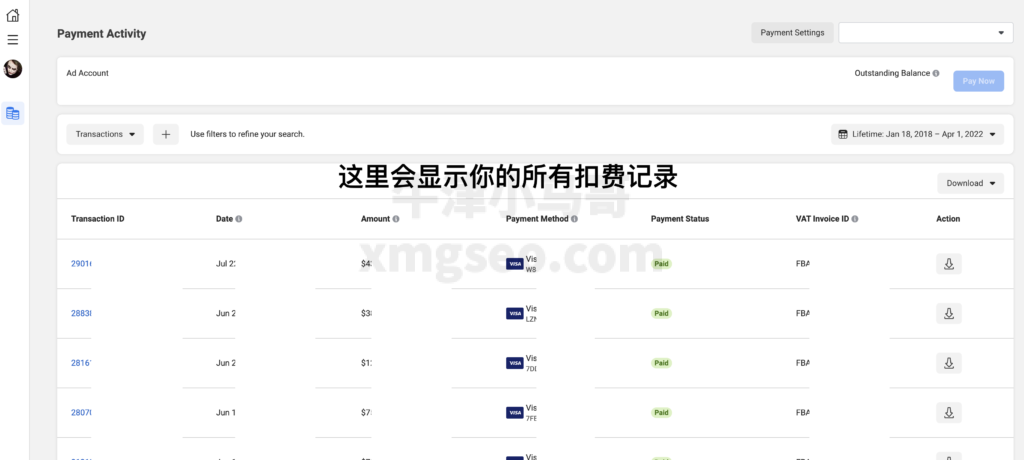 facebook广告扣费记录